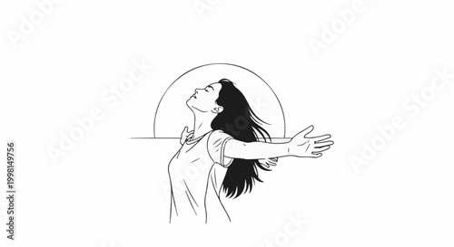 Line art of a woman with arms outstretched, head tilted back under a semi-circle