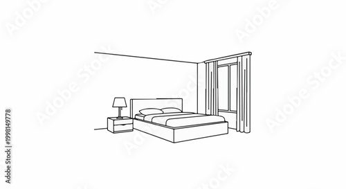 Line art illustration of a bed with pillows, a nightstand with a lamp, and a window with curtains