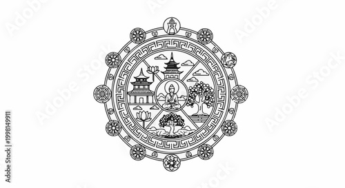 Intricate circle depicts Buddhist symbols, including a meditating figure, pagodas, trees, and lotus flowers
