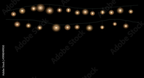 Glowing string lights in dark background with warm cozy lighting for festive decoration