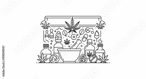 Line art illustration of marijuana-related medicinal products and ingredients