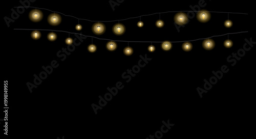 Glowing string lights in warm cozy lighting on black background for festive decoration