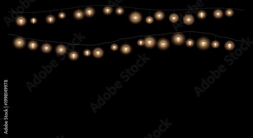 Glowing string lights Warm cozy lighting against black background for decoration