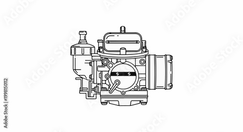 Line art illustration of a mechanical carburetor assembly with intricate details