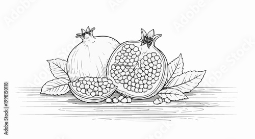 Line art illustration of two pomegranates, one whole, one halved, with leaves