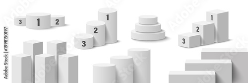 Realistic 3d podium, winner pedestal, circle and square display stage. White empty museum exhibition pillars, square product showroom displays vector set