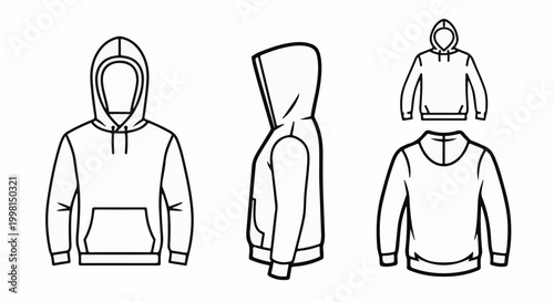 Line art illustrations of hooded sweatshirts shown from front, side, and back views