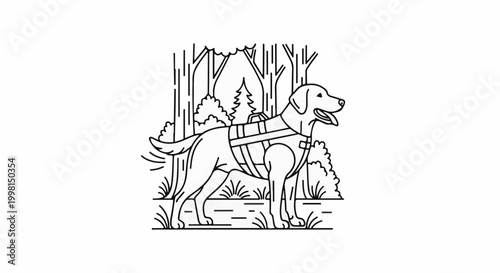Line art illustration of a service dog in a harness standing in a forest