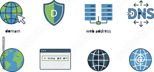 Network domain and web address icon set, flat vector DNS and internet security symbols, global hosting and server connection graphics for IT business