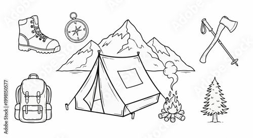Illustration of outdoor camping and adventure gear on a white background