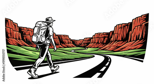 Hiker with backpack walking on road through scenic canyon landscape