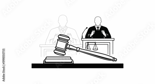 Judge at a podium with gavel and scales of justice