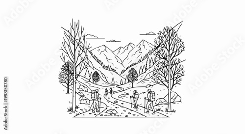 Hikers traverse a winding mountain path amidst bare trees and majestic peaks