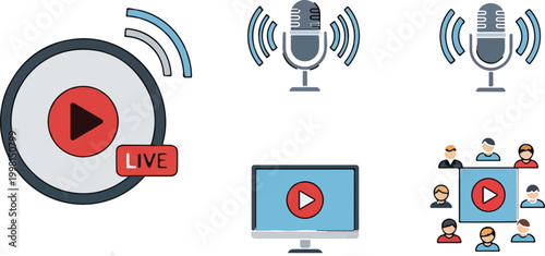 Live streaming icon set, podcast microphone and video player vector elements, webinar and online broadcast symbols for digital media