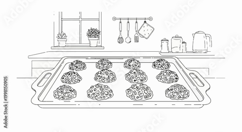 Kitchen scene with a baking tray filled with cookies and window view