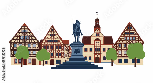 Historic town square with timber-framed buildings and equestrian statue
