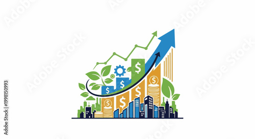 Growing economy with city, coins, plants, and upward graph