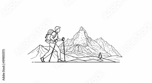Hiker with backpack and poles ascends a majestic mountain range