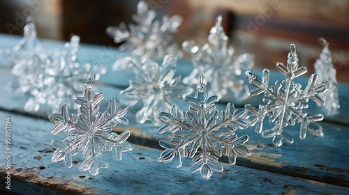 Clear glass snowflake ornaments are thoughtfully arranged on a weathered blue wooden table, showcasing intricate designs that bring a sense of winter charm.