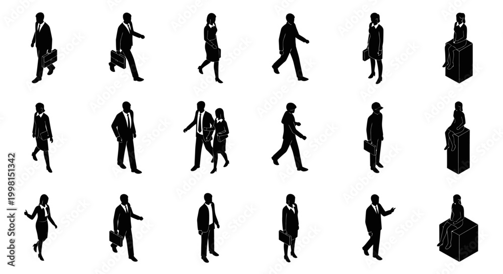 Fototapeta premium isometric silhouettes of business people walking and sitting in black and white