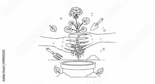 Hands transplanting a potted flower with garden tools and leaves