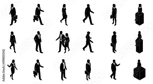 isometric silhouettes of business people walking and sitting in black and white