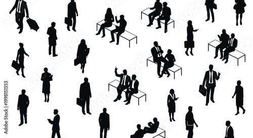 isometric silhouettes of business people in a vector set illustrating corporate life networking and commuting.