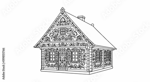 Intricately decorated traditional house with floral patterns and a chimney