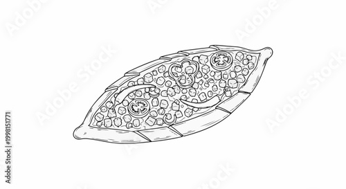 Hand-drawn outline of a calzone-style dish with toppings