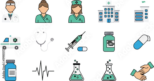 Medical icon set with 15 flat vector elements, healthcare professional avatars and hospital equipment, clinical medicine symbols for web design