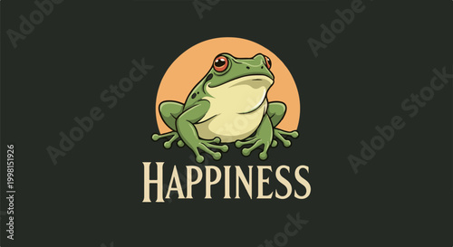 Green amphibian sits before a warm orange sun with text below