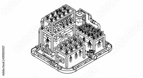 Isometric illustration of a hydroponic farm system with plants and plumbing
