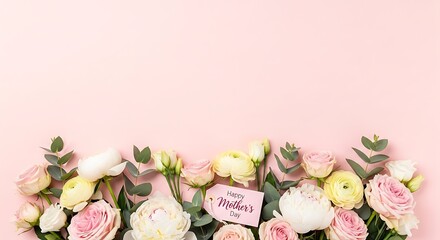 Floral border with pink and white roses peonies and eucalyptus leaves featuring happy mothers day tag on soft pastel background.