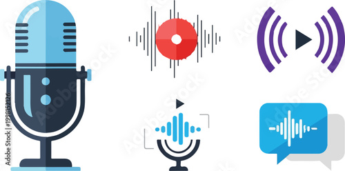 Podcast microphone and audio wave icons, professional recording studio equipment set, voice recording and sound wave vector elements for broadcasting