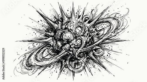 Abstract ink explosion with spiky bursts swirling tendrils and chaotic organic forms in dynamic black line art