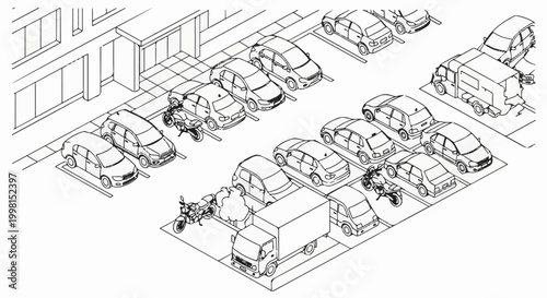 Isometric view of a busy parking lot with various vehicles and a building