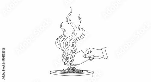 Hand burning paper in a fire pit, artistic sketch