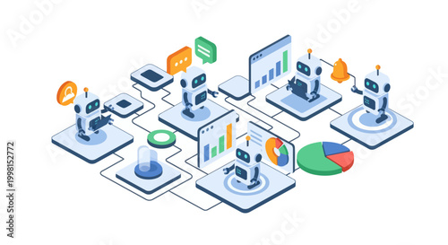 Artificial intelligence robots analyzing data in a networked system.