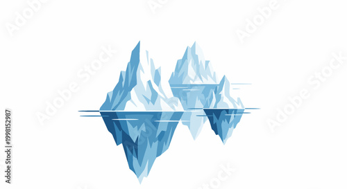 Jagged ice formations float above their mirrored reflections in cool blue