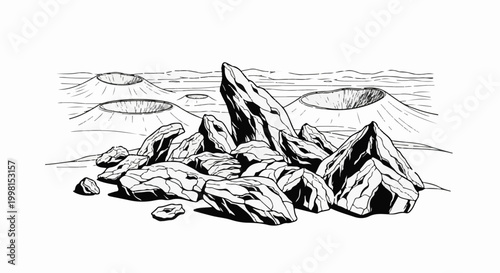 Jagged rocks in foreground, craters in background, barren landscape