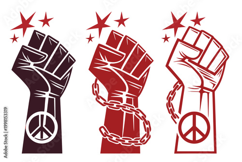 Powerful vector illustration of a raised fist graphic with a peace symbol and chains, representing strength and unity
