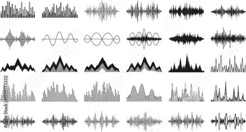 Tableau sur toile Audio Waveform Sound Visualization Vector Set with Music Frequency Waves, Signal