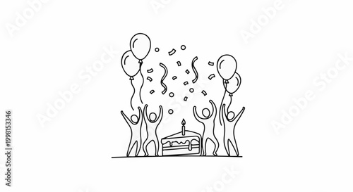 Joyful celebration with balloons, confetti, and a lit cake