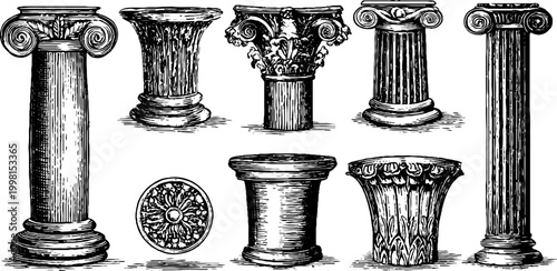 Antique engraved clipart collection of varied architectural column shafts and bases for banner and background design with ornate capitals and carved details