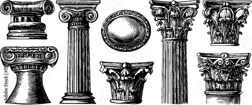 Vintage engraved clipart sheet of classical architectural columns and capitals for background and poster design featuring ionic doric and corinthian elements