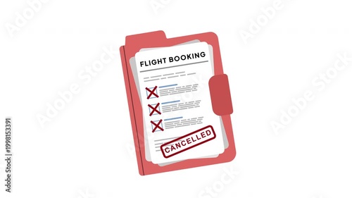 Animation of a Flight Booking Document Sheet with Cancelled Stamp Effect for Travel Reservation, Ticket Cancellation and Customer Notification