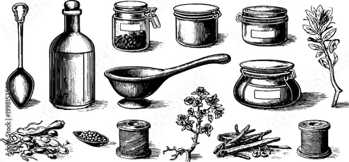 Vintage engraved apothecary spoons jars bottles herbs seeds and ladles clipart sheet for label and packaging design and rustic background