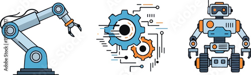 Industrial robotic arm and automation icons, mechanical engineering gear set, futuristic artificial intelligence robot vector illustrations