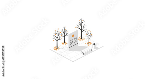 An isometric view of a promotional autumn sale sign stands on a paved urban plaza with bare trees and a bench under bright neutral lighting.