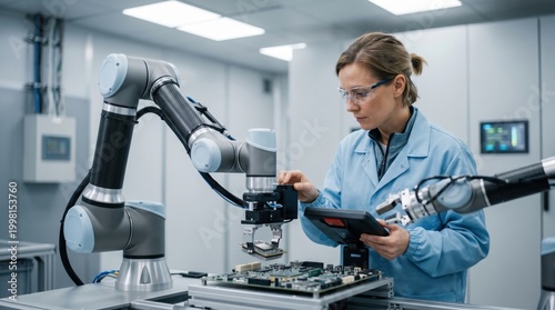 Obraz na płótnie Female engineer programming collaborative robot arm for precision electronics assembly in advanced manufacturing laboratory, holding tablet device to control automation system,